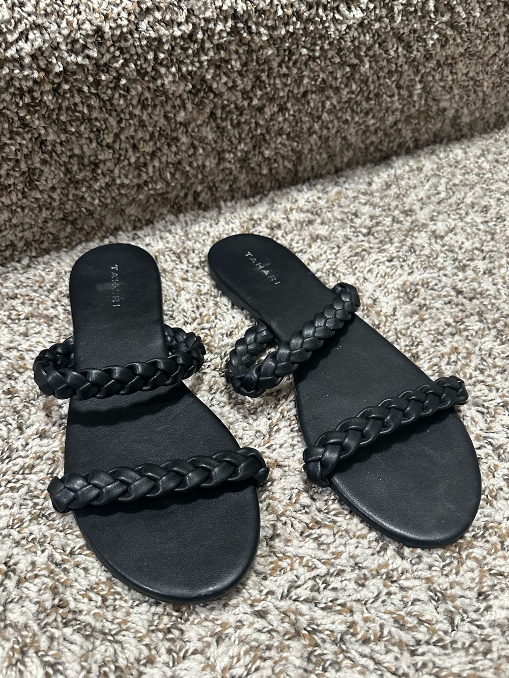 Tahari Black Braided Double-Strap Slide Sandals